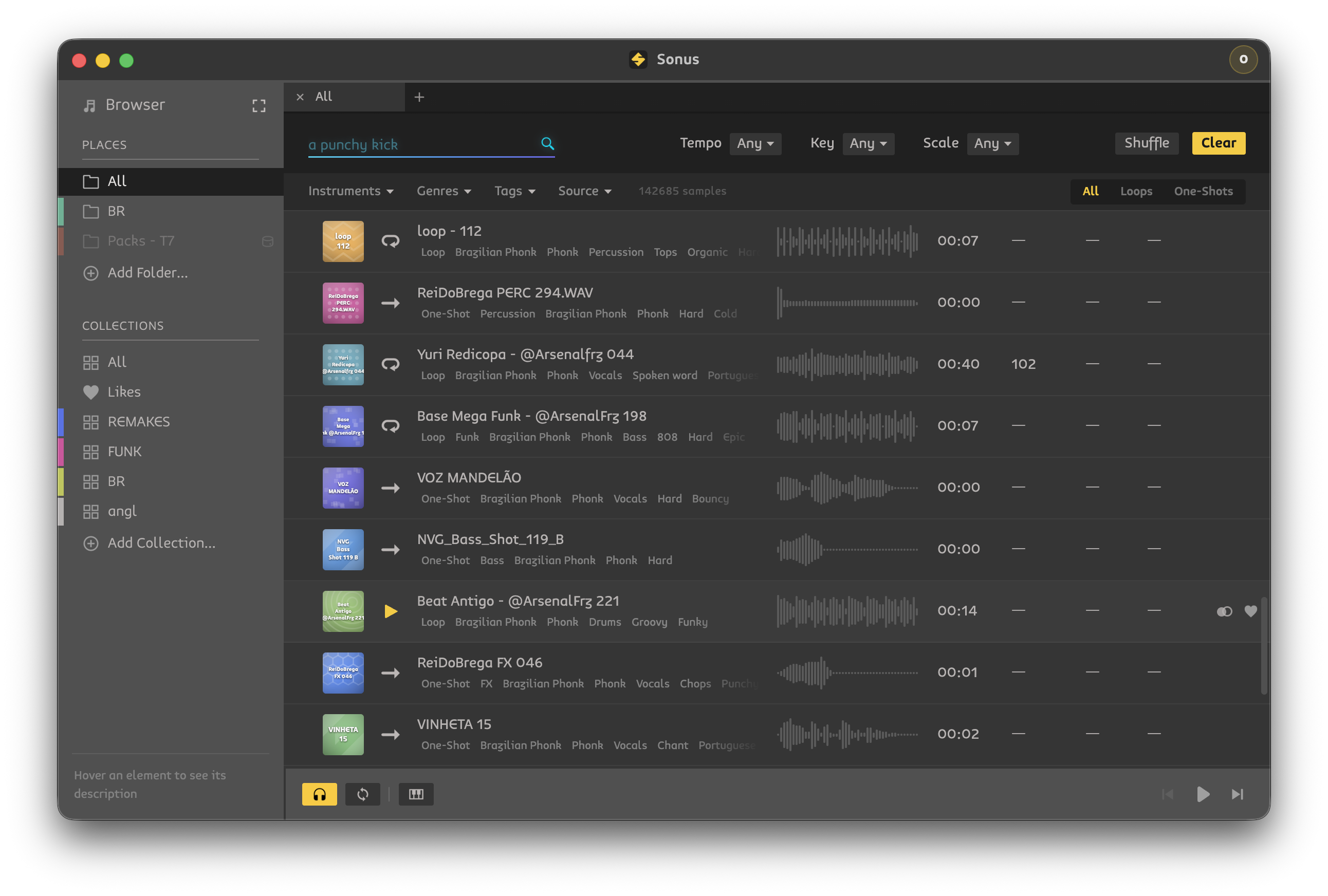 Sonus desktop app interface showing the sample library and filters